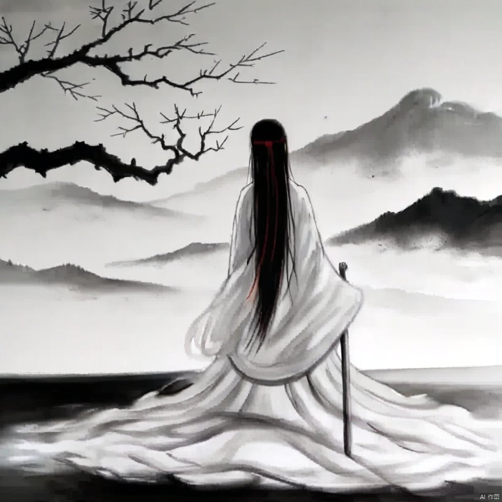 ink painting, a woman in a white dress sitting on a hill with a tree in the background and a mountain in the distance, 1girl, solo, long hair, black hair, very long hair, monochrome, from behind, tree, letterboxed, spot color, mountain, branch, bare tree, fog, red eyes, holding, weapon, japanese clothes, sword, glowing
