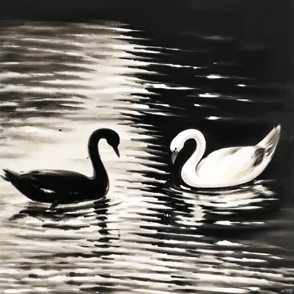 ink painting, a painting of two ducks swimming in a lake with a dark sky in the background and a white swan in the foreground, monochrome, greyscale, water, no humans, bird, animal, animal focus, reflection, spot color, snake
