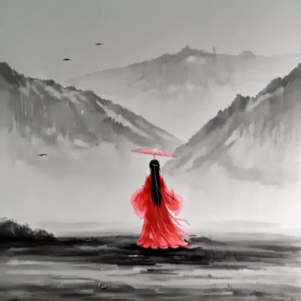 ink painting, a woman in a red dress holding an umbrella in the rain with mountains in the background in black and white, 1girl, solo, long hair, black hair, long sleeves, very long hair, standing, wide sleeves, from behind, bird, umbrella, chinese clothes, red dress, letterboxed, mountain, oil-paper umbrella, grey sky
