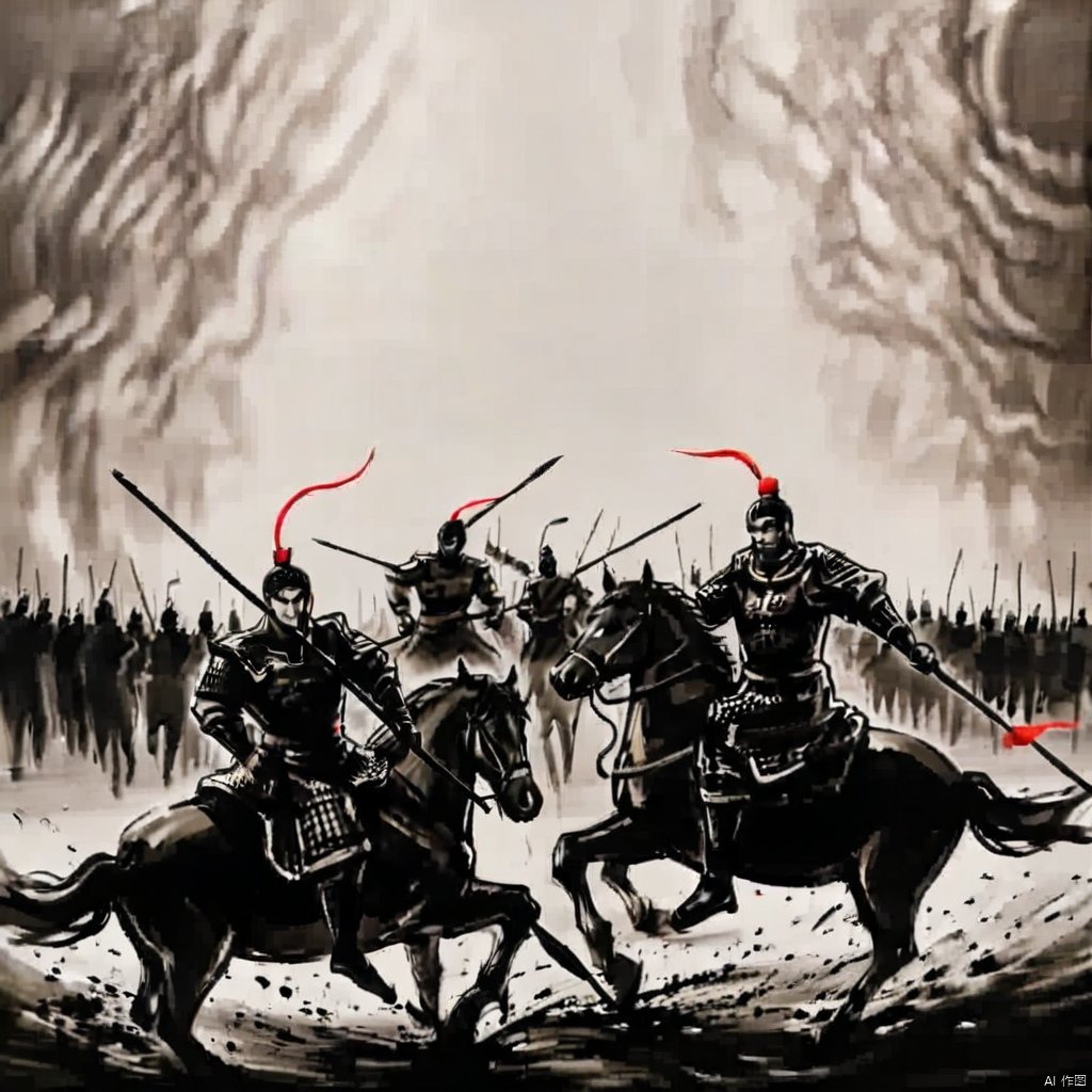 ink painting, a painting of a group of men on horses with spears in their hands and a red arrow in their hand, holding, monochrome, weapon, male focus, multiple boys, sword, holding weapon, armor, katana, helmet, polearm, spot color, 6+boys, spear, riding, japanese armor, holding polearm, horse, horseback riding, kusazuri, kabuto \(helmet\), letterboxed, shoulder armor, bow \(weapon\), fighting stance, arrow \(projectile\), ninja, battle, samurai
