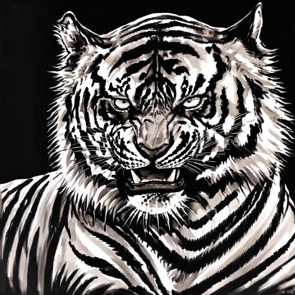 ink painting, a black and white picture of a tiger with its mouth open and eyes wide open, with a black background, solo, looking at viewer, monochrome, greyscale, no humans, animal, black background, realistic, tiger, teeth, fangs, animal focus
