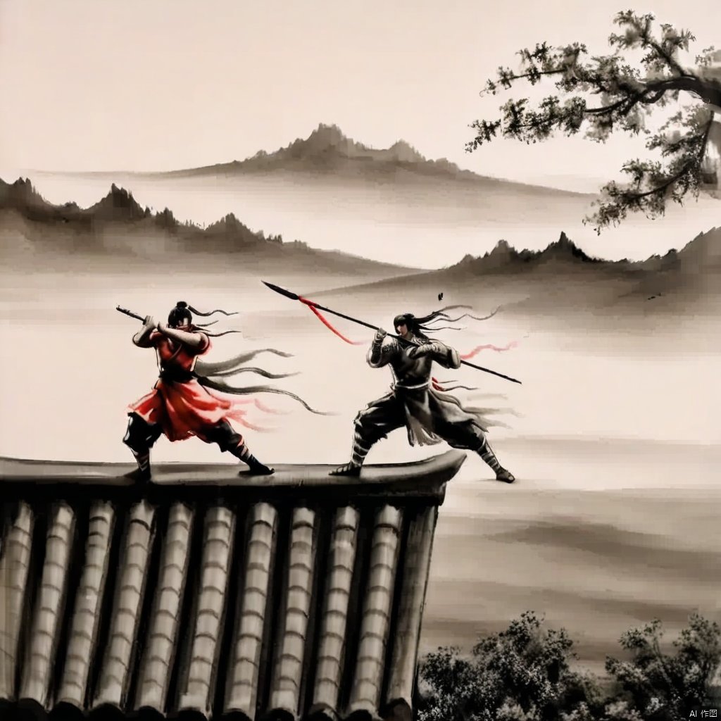 ink painting, two people on a bridge with a painting of mountains in the background and a man holding a sword in the foreground, long hair, black hair, holding, ponytail, weapon, male focus, japanese clothes, multiple boys, sword, 2boys, scarf, holding weapon, armor, tree, holding sword, katana, ninja, battle, polearm, mountain, architecture, east asian architecture, duel
