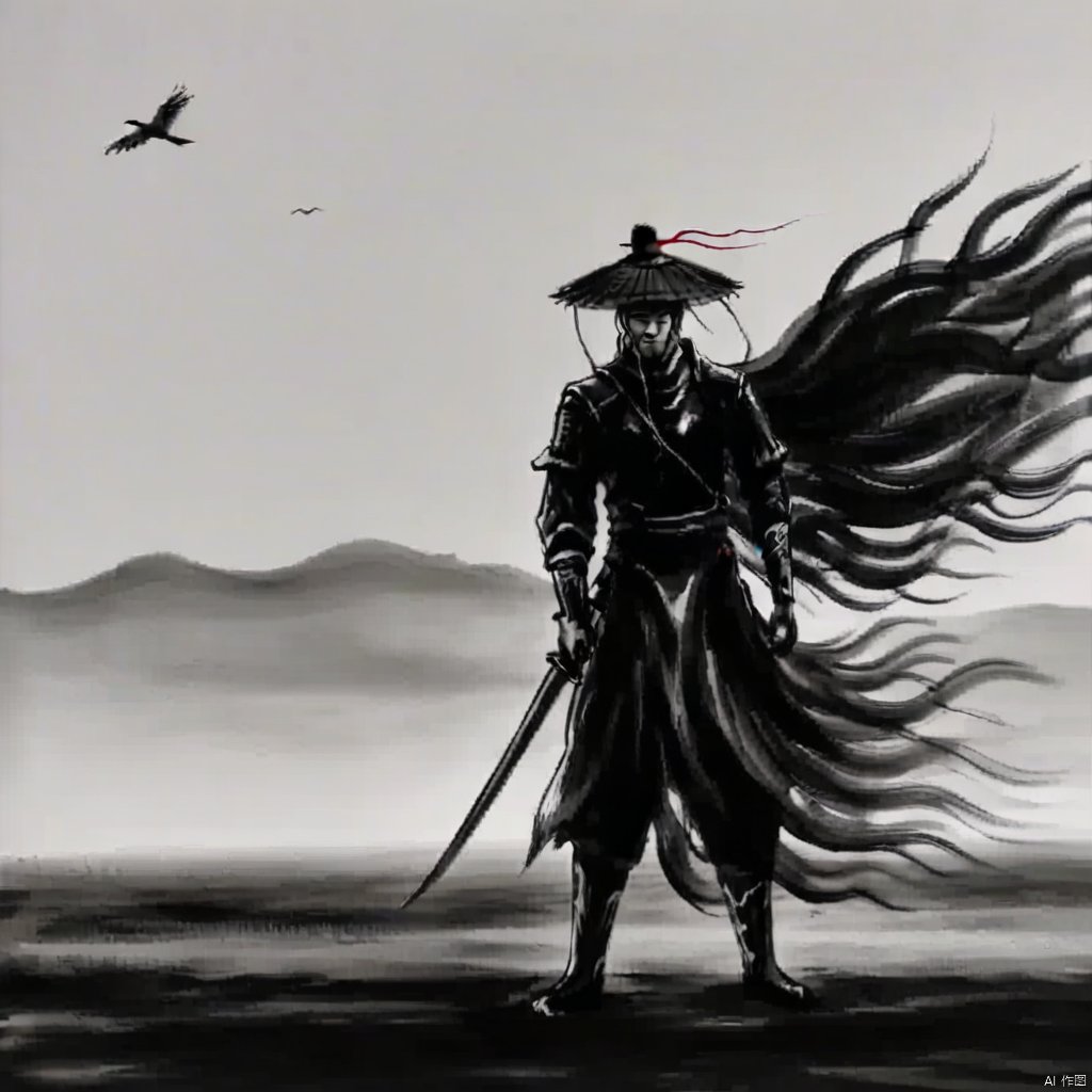 ink painting, a man with a long hair and a hat on holding a sword in his hand and a wind blowing behind him, solo, 1boy, hat, holding, standing, monochrome, weapon, male focus, sword, holding weapon, armor, bird, holding sword, katana, letterboxed, outdoors, cape, helmet, spot color
