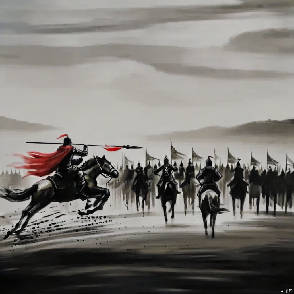 ink painting, a painting of a group of people riding horses and a dog chasing a man on a horse with a red flag, holding, weapon, multiple boys, cape, holding weapon, armor, polearm, spear, riding, holding polearm, multiple others, horse, soldier, horseback riding, outdoors, sky, sword, cloud, helmet, letterboxed, flag, grey sky, army
