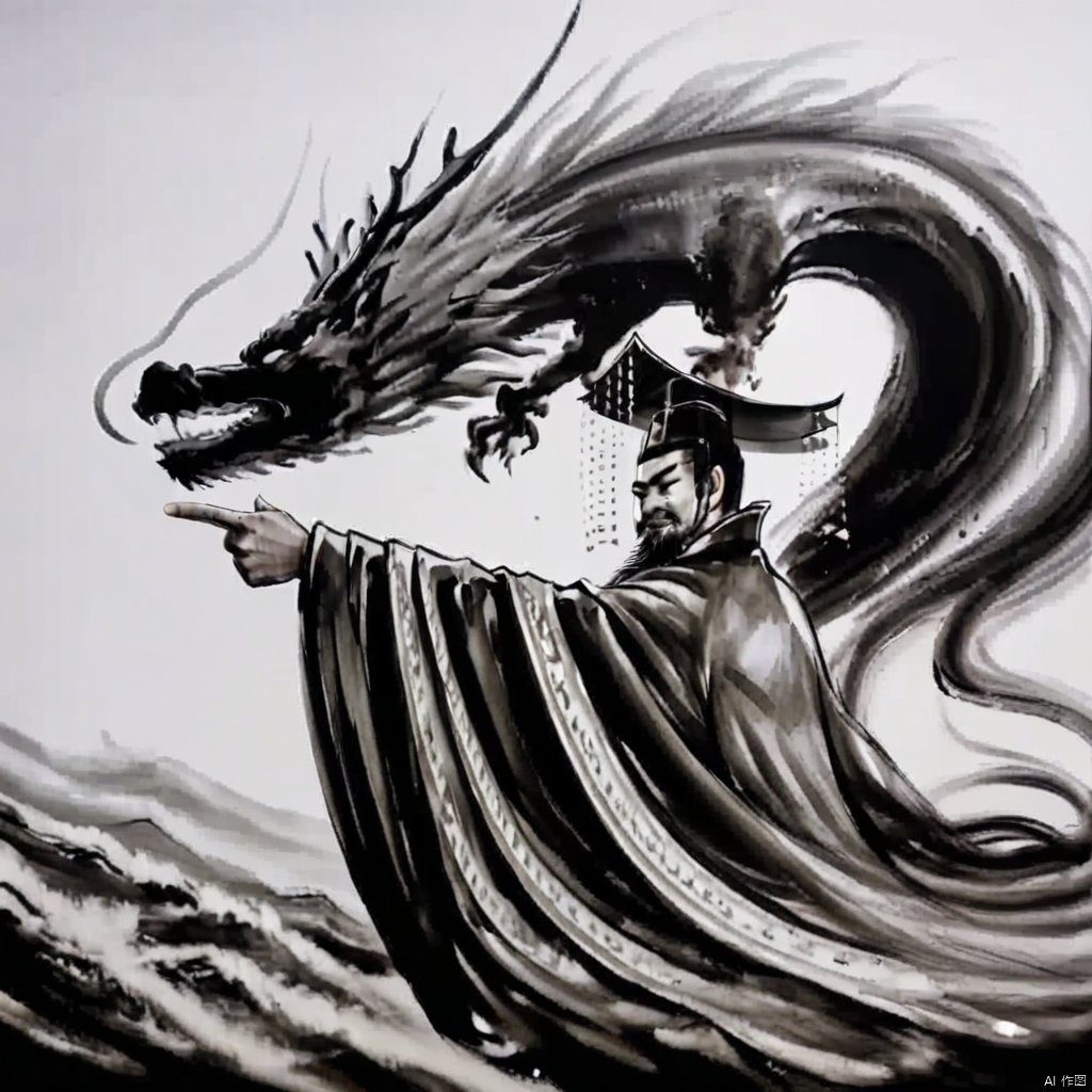 ink painting, A man points forward with a dragon behind him, solo, long hair, long sleeves, 1boy, hat, monochrome, ponytail, male focus, wide sleeves, from side, chinese clothes, pointing, robe, dragon, antlers, eastern dragon, facial hair, beard, spot color
