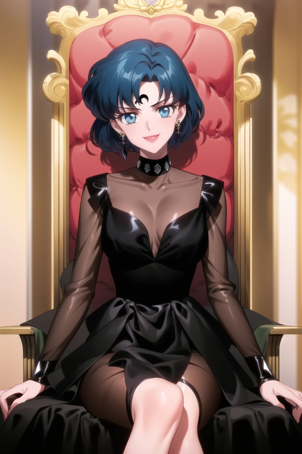 (best quality), (highly detailed), masterpiece, (official art), sailor mercury,short hair, blue hair, ((forehead mark, crescent facial mark, black crystal earrings)), aged up, evil smile, lips,  ((black dress, long sleeves, see-through)), pink dress, sitting, throne