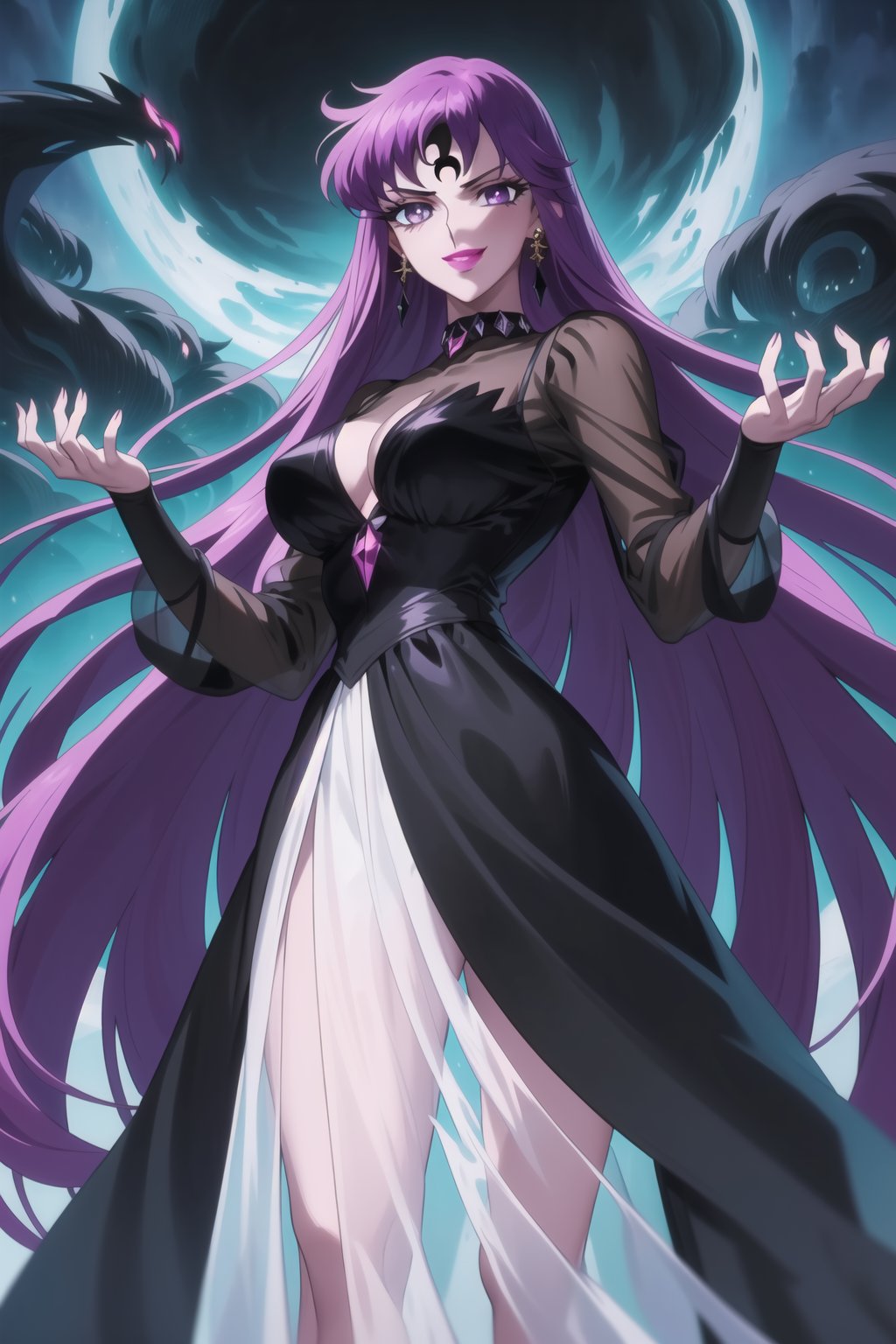 (best quality), (highly detailed), masterpiece, (official art), Saori Kido, long hair, purple hair, purple eyes, makeup, ((forehead mark, crescent facial mark, black crystal earrings)), aged up, evil smile, lips, lipstick, posing, anime coloring, ((black dress, long sleeves, see-through)), pink dress, side slit, A dark and mysterious female character inspired by the style of classic anime. She has an evil face with an evil smile, giving her an imposing and intimidating presence. The overall atmosphere is dark and mysterious, with a sense of power and control emanating from her posture.,