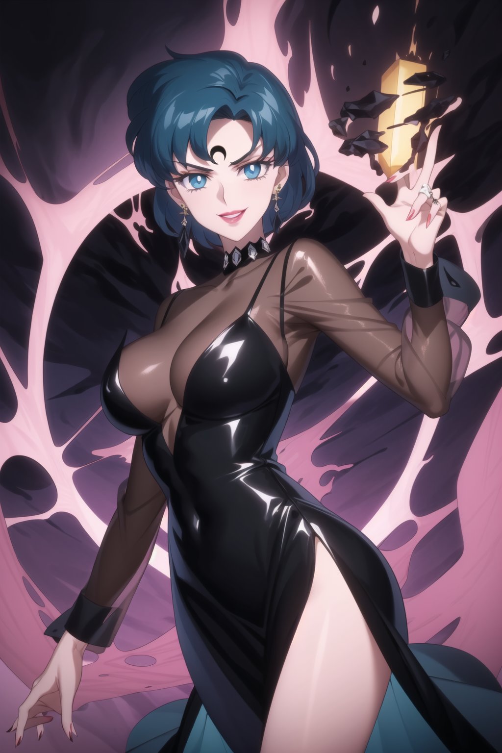 (best quality), (highly detailed), masterpiece, (official art), sailor mercury,short hair, blue hair, makeup, ((forehead mark, crescent facial mark, black crystal earrings)), aged up, evil smile, lips, lipstick, posing, anime coloring, ((black dress, long sleeves, see-through)), pink dress, side slit, A dark and mysterious female character inspired by the style of classic anime. She has an evil face with an evil smile, giving her an imposing and intimidating presence. The overall atmosphere is dark and mysterious, with a sense of power and control emanating from her posture.,