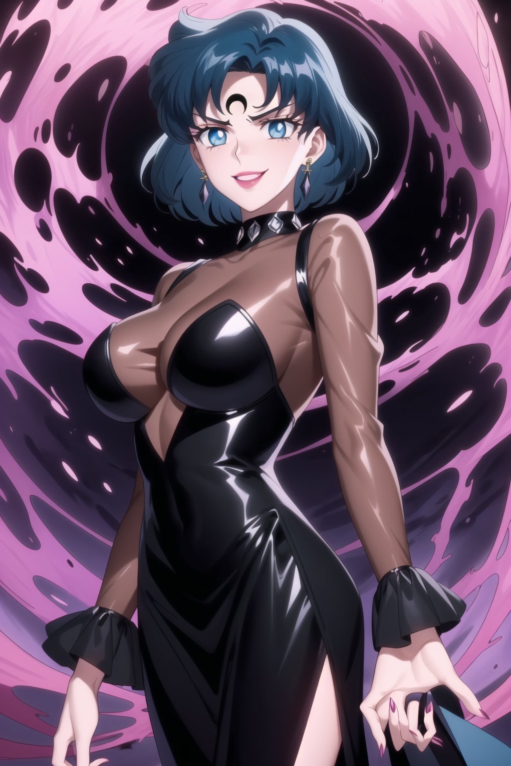 (best quality), (highly detailed), masterpiece, (official art), sailor mercury,short hair, blue hair, makeup, ((forehead mark, crescent facial mark, black crystal earrings)), aged up, evil smile, lips, lipstick, posing, anime coloring, ((black dress, long sleeves, see-through)), pink dress, side slit, A dark and mysterious female character inspired by the style of classic anime. She has an evil face with an evil smile, giving her an imposing and intimidating presence. The overall atmosphere is dark and mysterious, with a sense of power and control emanating from her posture.,