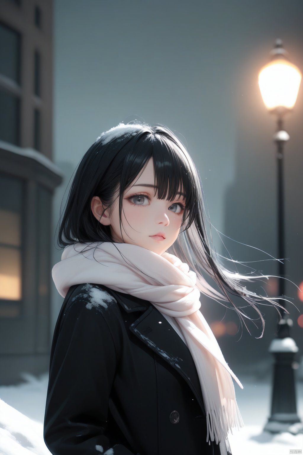 1girl, solo, black coat, black hair, blurry, blurry background, blurry foreground, bokeh, city lights, coat, depth of field, from side, jacket, lens flare, long hair, long sleeves, looking away, motion blur, outdoors, scarf, snow, snowing, upper body