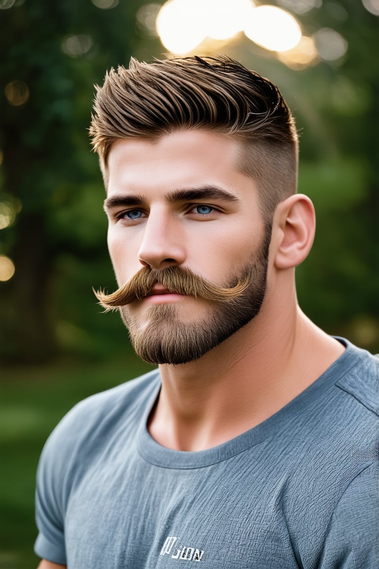 professional photo realistic of a handsome lad, facial hair, in male casualwear, perfect long mustache, short messy hair, stylish, dynamic view, studio lighting, masterpiece, posing at the park, original, new, newest, symmetry, intricate, bokeh, uhd, highres, best quality, accurate human male anatomy perspective,