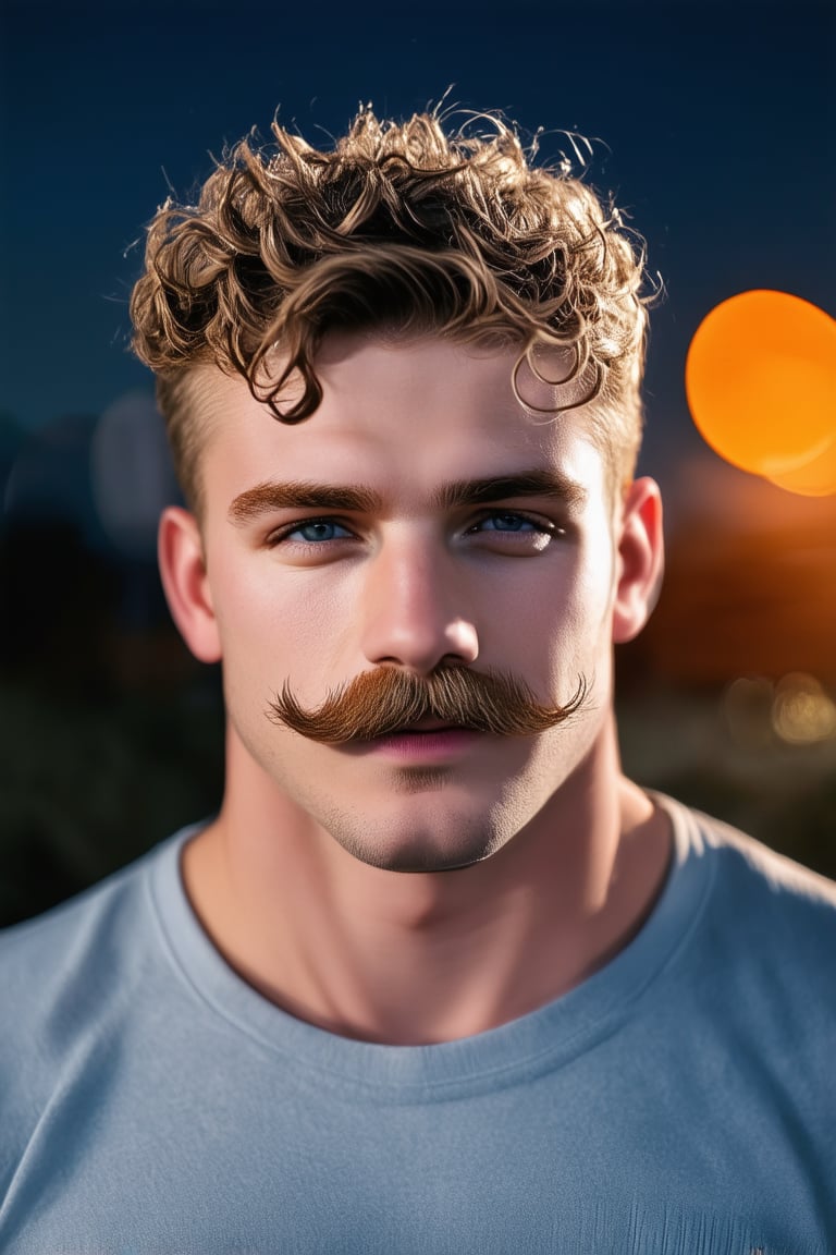 realistic professional photo image of a man, handsome lad, short wavy hair, pincel mustache, portrait, dramatic backlighting, realistic, exceptional masterpiece, bokeh, outdoors, night, perfect, highres, high-quality, high-definition, leica 65mm,