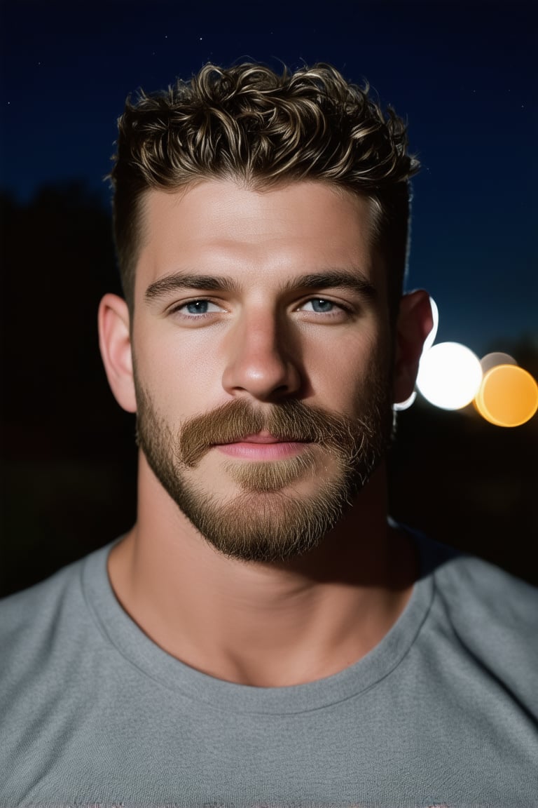 A stunning nighttime portrait of a handsome man, featuring short wavy hair and impeccable facial hair - a perfectly trimmed beard and goatee. Framed by the majestic Leica 65mm lens, the subject's face is bathed in dramatic backlighting, creating a striking contrast with the dark background. The bokeh effect adds a sense of depth and dimensionality to the image. Set against a serene outdoor environment at night, this high-resolution masterpiece exudes perfection in every detail, showcasing exceptional quality and definition.