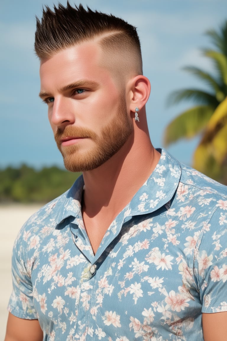 masterpiece professional photo image of a handsome lad, he has faux-mohawk undercut hairstyle, extreme pale as in porcelain skin, small facial tattoo, wearing masculing earrings, in well-rendered fully-clothed realistic male floral masculine collared shirt, and denin shorts, perfect well-drawn masculine male body with accurate perspective, he is enjoying the sun at the tropical beach, faded background, uhd, realistic, real, highly-intricate, dynamic view, majestic, original, high quality, exceptional, vivid, alive, state-of-art image,