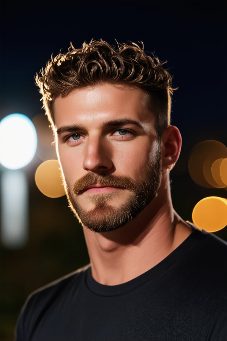 A stunning nighttime portrait of a handsome man, featuring short wavy hair and impeccable facial hair - a perfectly trimmed beard and goatee. Framed by the majestic Leica 65mm lens, the subject's face is bathed in dramatic backlighting, creating a striking contrast with the dark background. The bokeh effect adds a sense of depth and dimensionality to the image. Set against a serene outdoor environment at night, this high-resolution masterpiece exudes perfection in every detail, showcasing exceptional quality and definition.