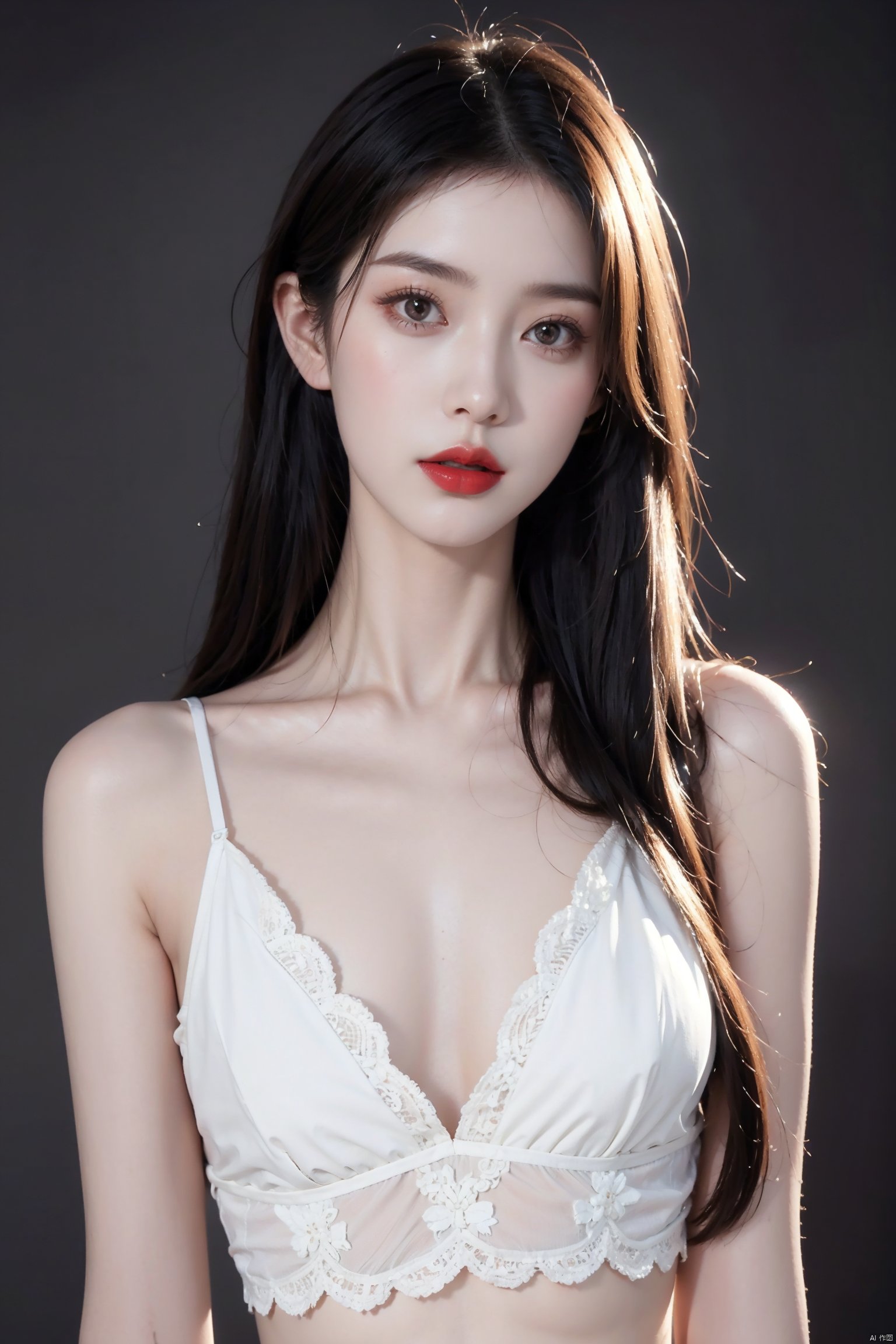 1girl,solo,looking at viewer,long hair,lipstick,red lips,lips,makeup,white_skin,slender,straight_hair,collarbonea,medium breasts,lace,huge filesize,(Cinematic Lighting:0.2),skinny,sleeveless,stylish_pose,cowboy_shot,close-up,hands_on_own_chest,