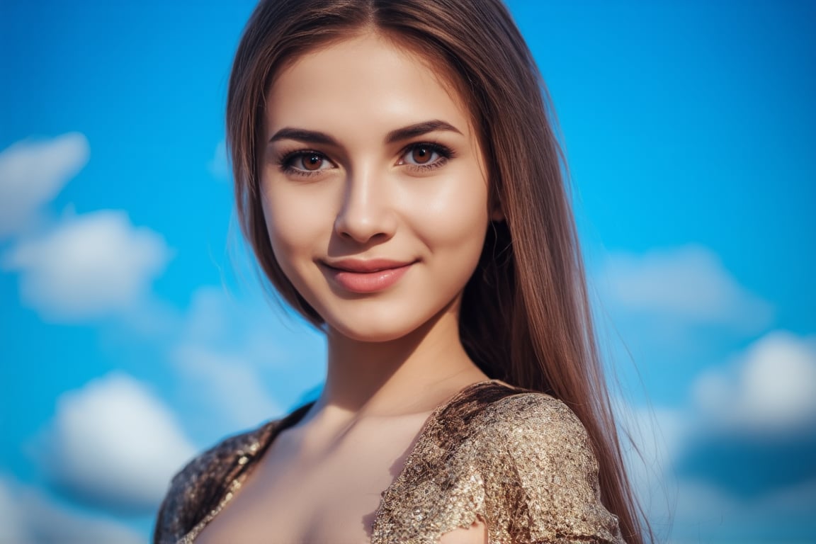 Byzantine girl with blue sky and white clouds background, sexy outfit, upper body, front view, (Masterpiece, Top Quality, Top Image Quality, Official Art, Aesthetic and Beautiful: 1.2), (1girl: 1.4), beautiful white skin, shining dark brown eyes, clear eyes, running nose, smiling face, portrait, extreme color, best Fine Detail, Simple Background, 16K, High Resolution, Perfect Dynamic Composition, Bokeh, (Sharp Focus:1.2), Super Wide Angle, High Angle, High Color Contrast, Medium Shot, Depth of Field, Background Blur,,itacstl,noc-portrait,noc-realism