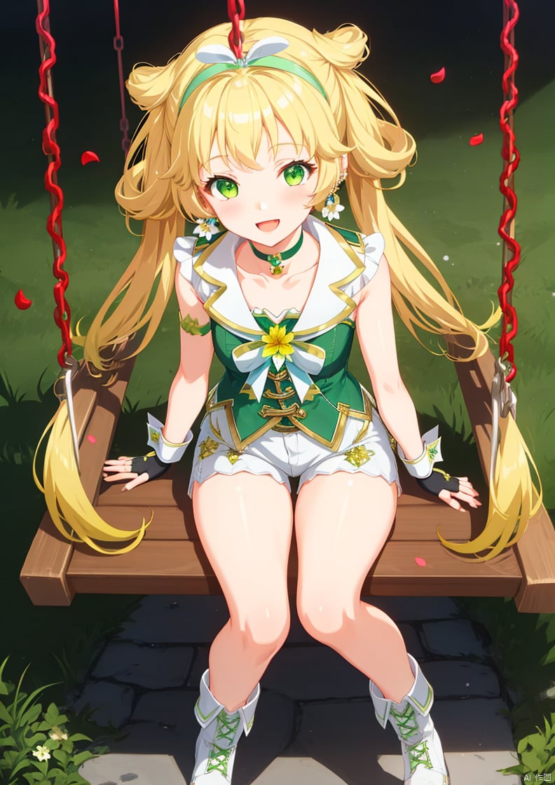 1girl, solo, long hair, looking at viewer, blush, smile, open mouth, bangs, blonde hair, gloves, bow, ribbon, holding, bare shoulders, twintails, jewelry, sitting, very long hair, green eyes, collarbone, full body, flower, :d, multicolored hair, hairband, earrings, boots, green hair, shorts, sleeveless, choker, fingerless gloves, wrist cuffs, petals, short shorts, gradient hair, white footwear, plant, white flower, hair rings, white shorts, green hairband, green choker, swing