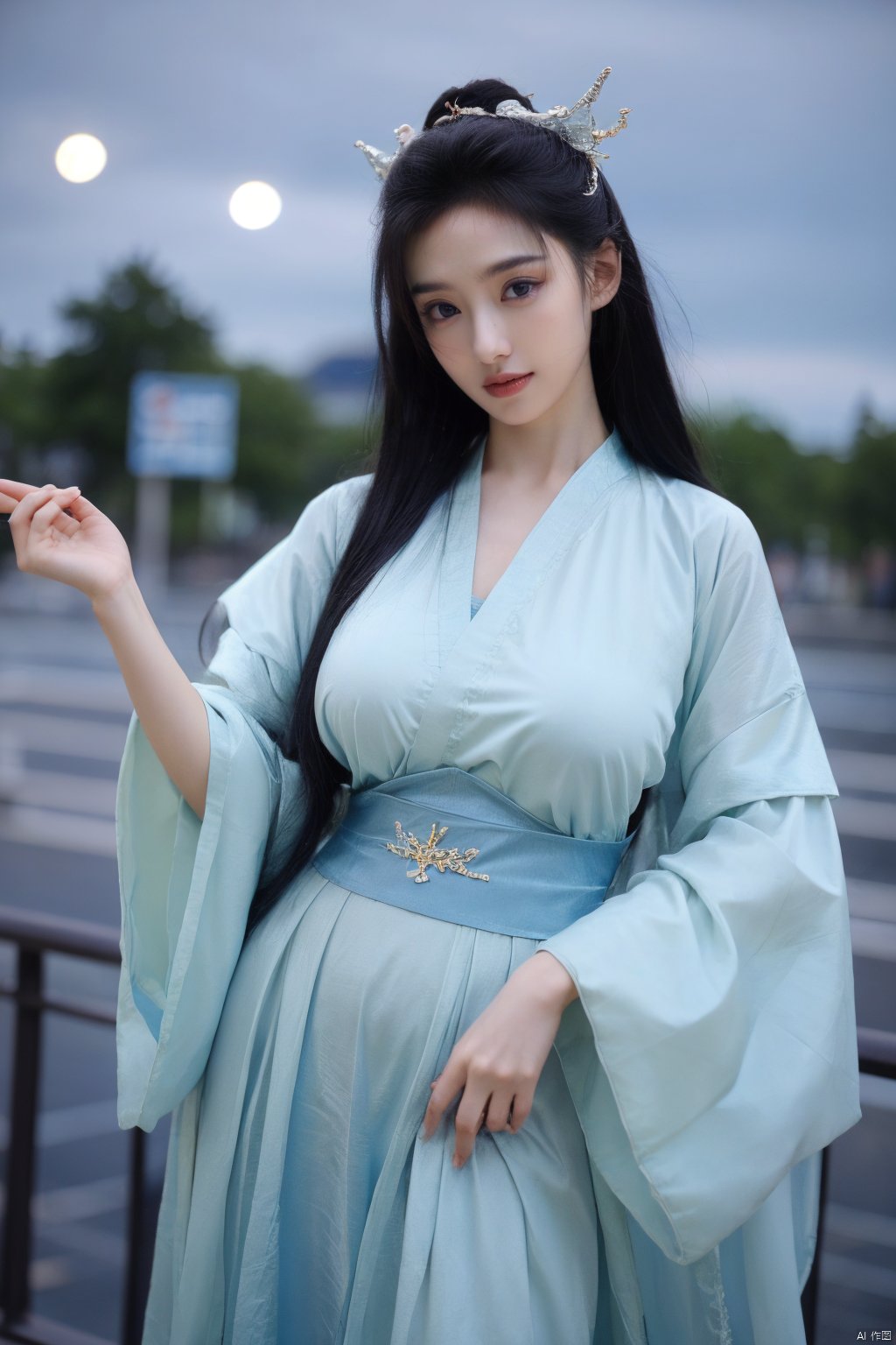 Best quality,masterpiece,Surrealist beauty photo, hanfu,(big breasts:1.39), Yunxiao_Fairy,1girl,Xhulianxin,full moon