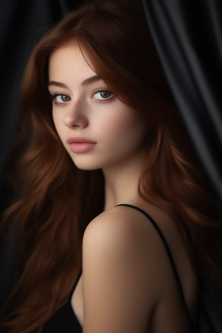 woman 18 years old, long natural auburn hair, light make-up, posing on a black satin background, photo 50mm f1.8 professional photo, full real, post-realistic, 8k