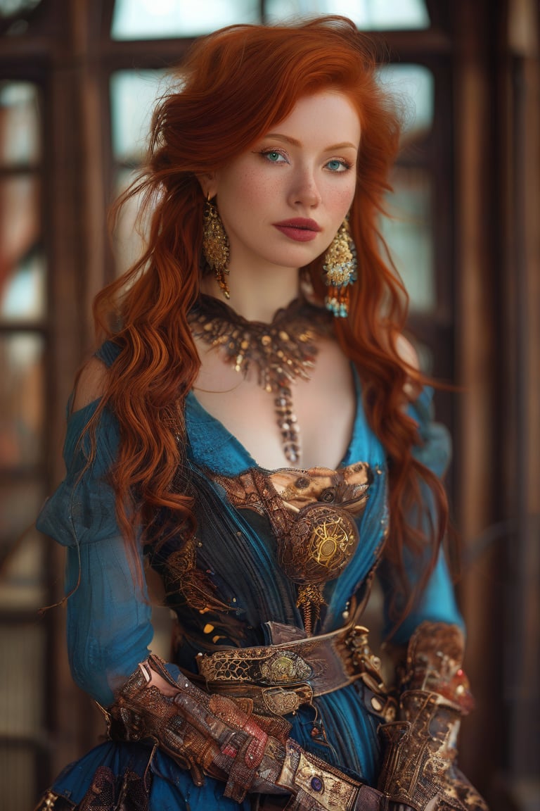 A beautiful redhead female country artist wearing a steampunk-inspired layered gown. She has clean makeup and is captured in vivid colors, embodying the essence of fantasy and a minimalist, fantastical, edgy, and regal themed outfit, with depth of field