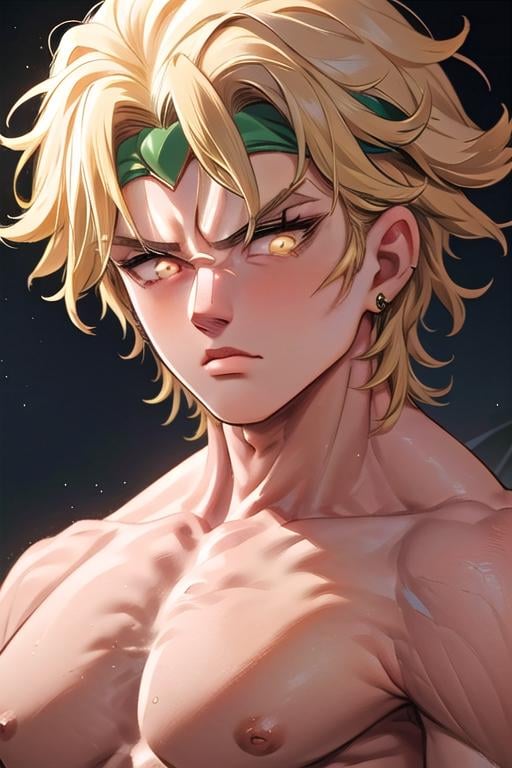 (((close-up))), looking at viewer, dio_brando's_pose_(jojo), birthmark (joestar), ear birthmark, black background, on stairs, dark, night, indoors, vampire, off shoulder, blonde hair, headband, green belt, yellow pants, partially shaded face, (((topless male, mature male, muscular male, narrow waist))), <lora:dioandhisstarbirthmark:0.8>