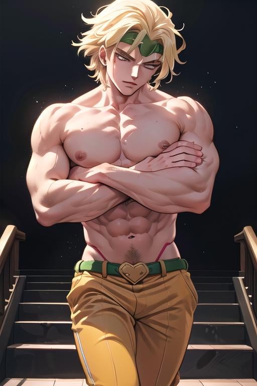 (((close-up))), (((crossed arms))), ((black background)), looking at viewer, dio_brando's_pose_(jojo), birthmark (joestar), ear birthmark, walking on stairs, dark, night, indoors, vampire, off shoulder, blonde hair, headband, green belt, yellow pants, partially shaded face, (((topless male, mature male, muscular male, narrow waist))), <lora:dioandhisstarbirthmark:0.8>