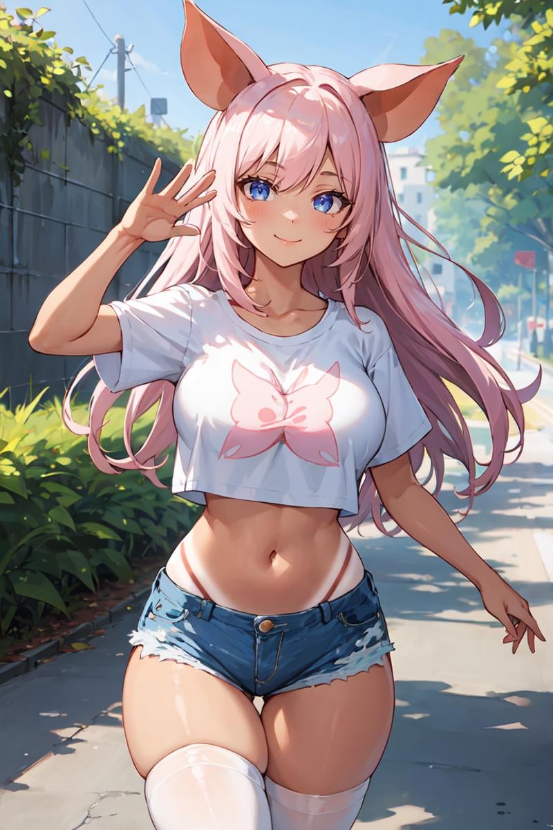 masterpiece, best quality, ultra-detailed, glistening shiny, glowing light, ray tracing, HDR, deph of field, (perfect face, detailed face), 1girl, solo, <lora:ZaiyukiRose:0.8>,  zaiyukirose, pig ears, long hair, large breasts, smile, waving, tanlines, t-shirt, crop top, denim shorts, white thighhighs, walking, outdoors