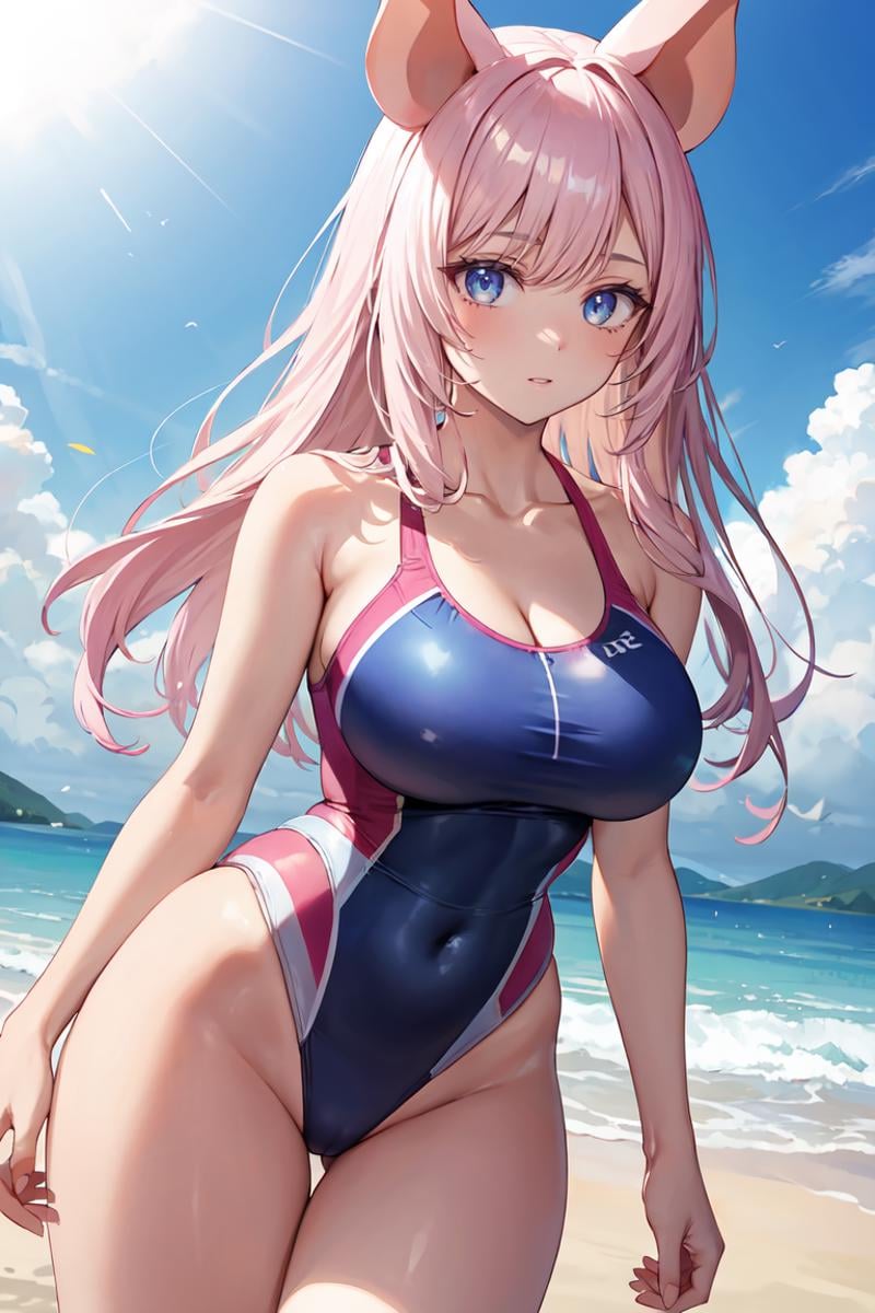 masterpiece, best quality, ultra-detailed, glistening shiny, glowing light, ray tracing, HDR, deph of field, (perfect face, detailed face), 1girl, solo, <lora:ZaiyukiRose:0.8>,  zaiyukirose, pig ears, long hair, large breasts, competition swimsuit, highleg, bare legs, bare arms, standing, beach