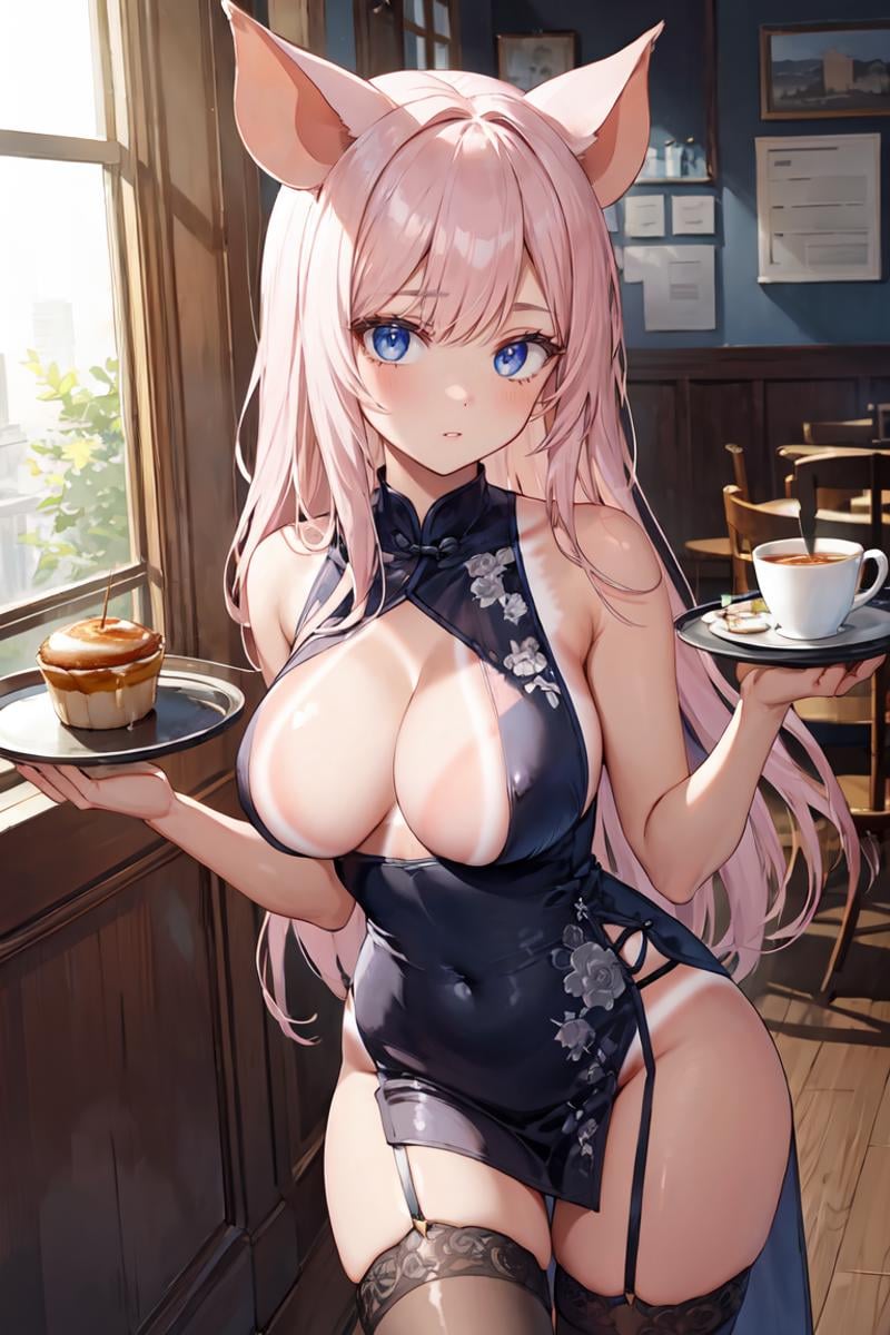 masterpiece, best quality, ultra-detailed, glistening shiny, glowing light, ray tracing, HDR, deph of field, (perfect face, detailed face), 1girl, solo, <lora:ZaiyukiRose:0.8>,  zaiyukirose, pig ears, long hair, large breasts,  tanlines, china dress, no bra, no panties, garter straps, black thighhighs, holding tray, walking, cafe, indoors