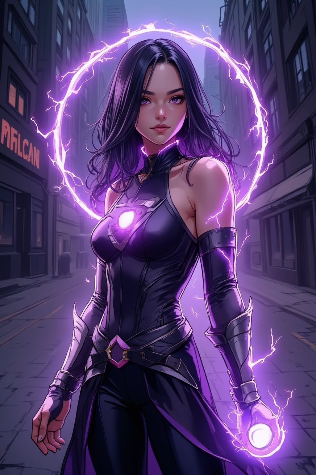 a beautiful girl standing. She uses the magic ring and turns into a beautiful lightning magic \(ek_ge1tng\) warrior \(detailed exquisite face\),ek_game_3ffect,dynamic sexy pose,lightning elemental effects,lightning weapon,dark city street,black and violet clothes,ek_art_b00ster,ink style