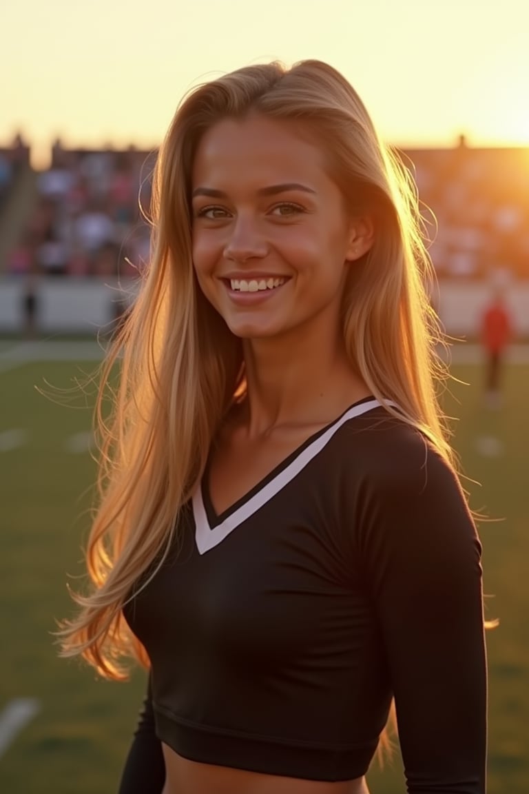 The 1990s, DVD Screenshot, a beautiful female wearing a black cheerleading uniform, in a stadium, sunset, soft lighting, smiling, candid pose, DSLR, analog film grain, photo-realism, Kodak Gold,raw_photo