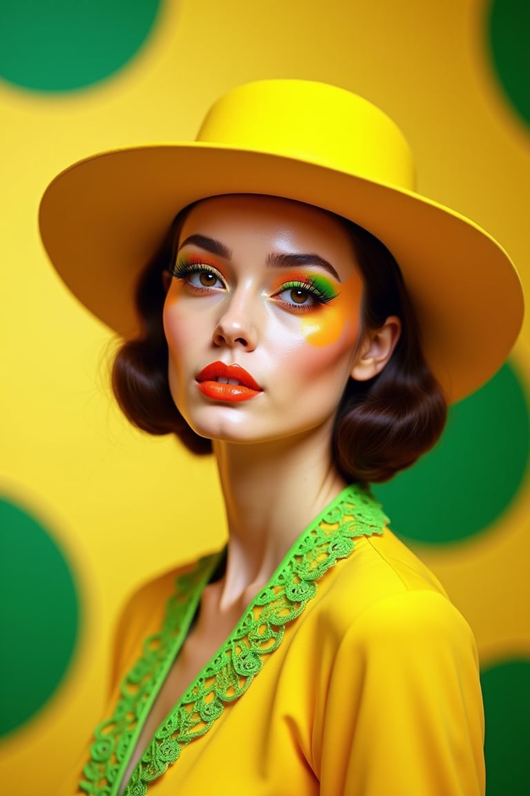 roy lichtenstein inspired makeup with large dots, A high-resolution photo, fashion-inspired photo of a woman wearing bold makeup and a bright yellow hat. Her makeup features vibrant green and orange eyeshadow with dramatic lashes and glossy, orange lips. She is also wearing a yellow outfit with green lace details. The background is a gradient with a pattern of circles in shades of yellow and green, adding a retro, artistic feel to the composition. The woman has a confident expression, with her head turned slightly to the side, looking directly at the camera,raw_photo