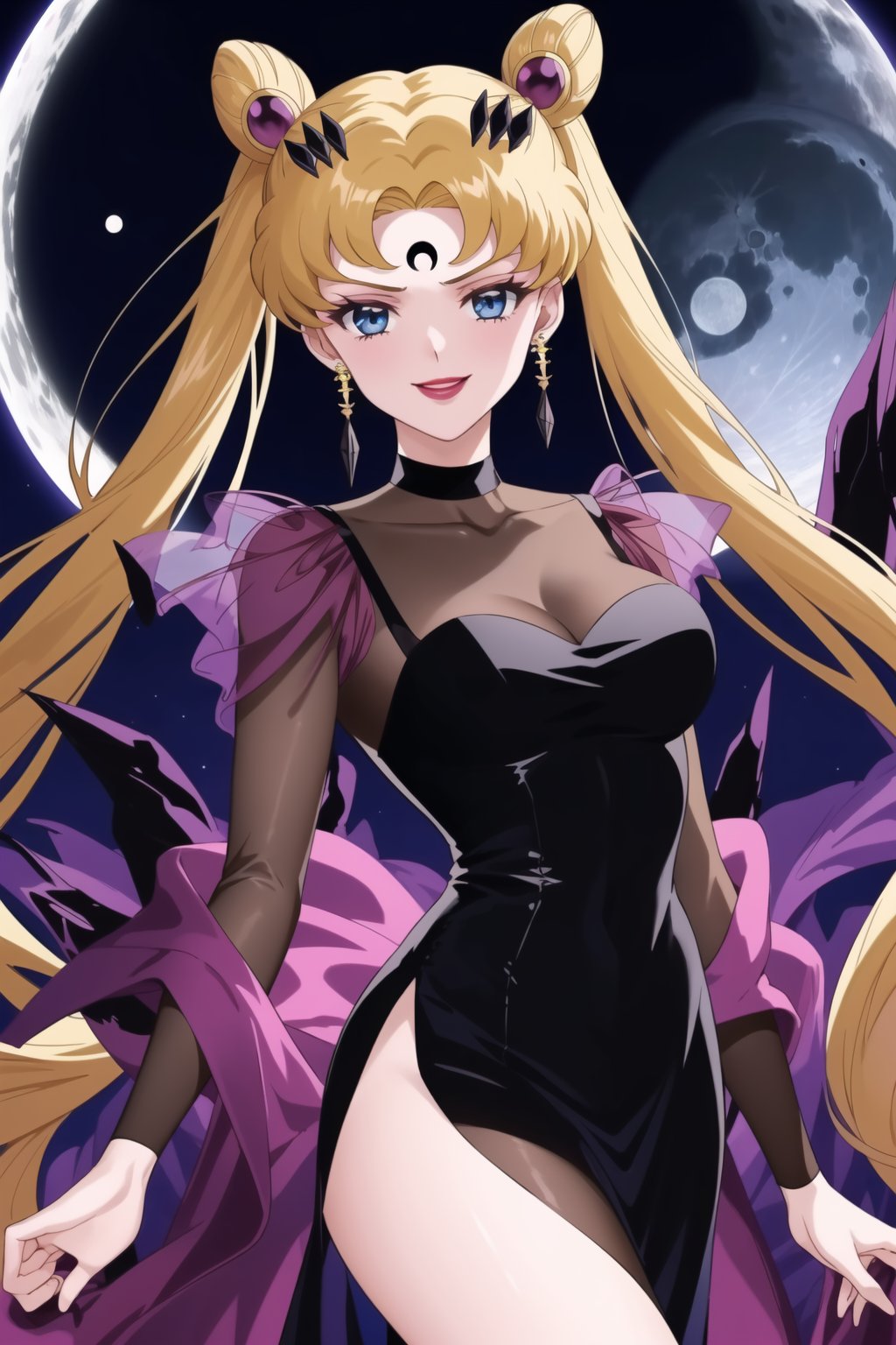 (best quality), (highly detailed), masterpiece, (official art),aausagi, double bun, twintails, parted bangs, hair ornament, blonde hair , makeup, ((black moon, forehead mark, crescent facial mark, black crystal earrings)), jewelry, aged up, evil smile, lips, lipstick, posing, anime coloring, choker, ((black dress, long sleeves, see-through)), pink dress, side slit, A dark and mysterious female character inspired by the style of classic anime. She has an evil face with an evil smile, giving her an imposing and intimidating presence. The overall atmosphere is dark and mysterious, with a sense of power and control emanating from her posture.,