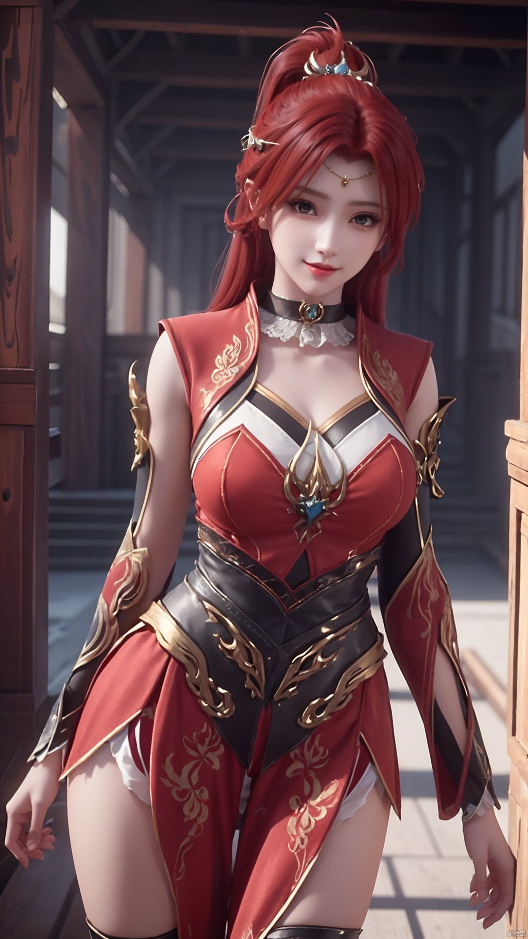 1girl, red dress, red hair, hair ornament, solo, ponytail, mischevious smile, perfect body, scenery, sharp focus, best quality, masterpiece, detailed outfit, illustration, perfect eyes, finely detailed beautiful anime eyes, realistic skin, intricate details, best lighting, depth of field, ultra high resolution,cowboy_shot, dynamic pose, dynamic angle,