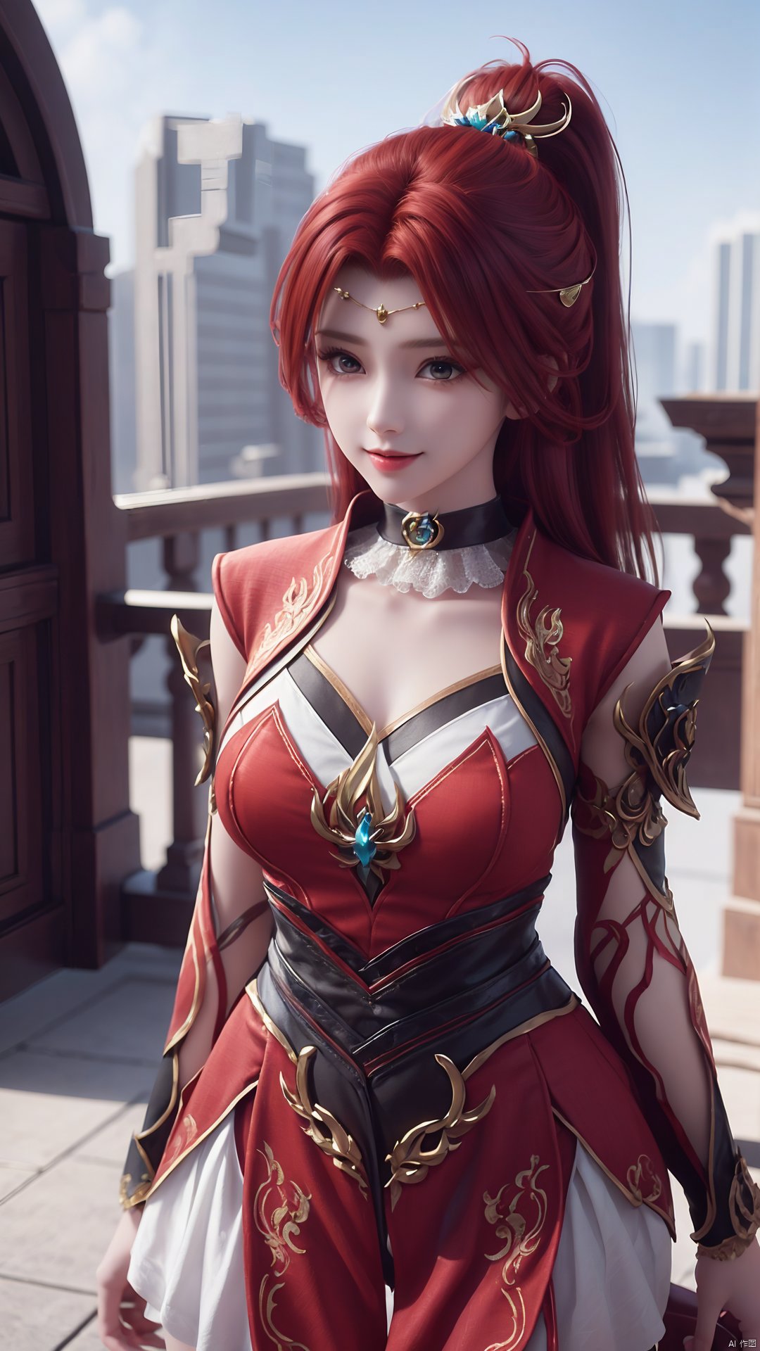 1girl, red dress, red hair, hair ornament, solo, ponytail, mischevious smile, perfect body, scenery, sharp focus, best quality, masterpiece, detailed outfit, illustration, perfect eyes, finely detailed beautiful anime eyes, realistic skin, intricate details, best lighting, depth of field, ultra high resolution,cowboy_shot, dynamic pose, dynamic angle,