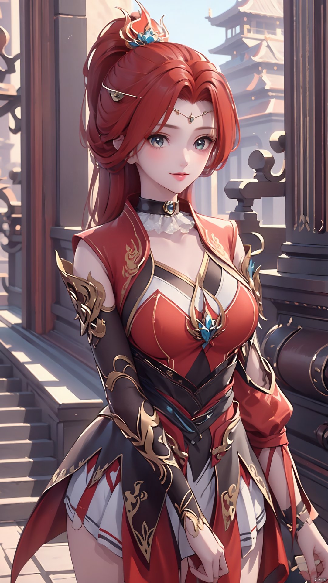 1girl, red dress, red hair, hair ornament, solo, ponytail, mischevious smile, perfect body, scenery, sharp focus, best quality, masterpiece, detailed outfit, illustration, perfect eyes, finely detailed beautiful anime eyes, realistic skin, intricate details, best lighting, depth of field, ultra high resolution,cowboy_shot, dynamic pose, dynamic angle,