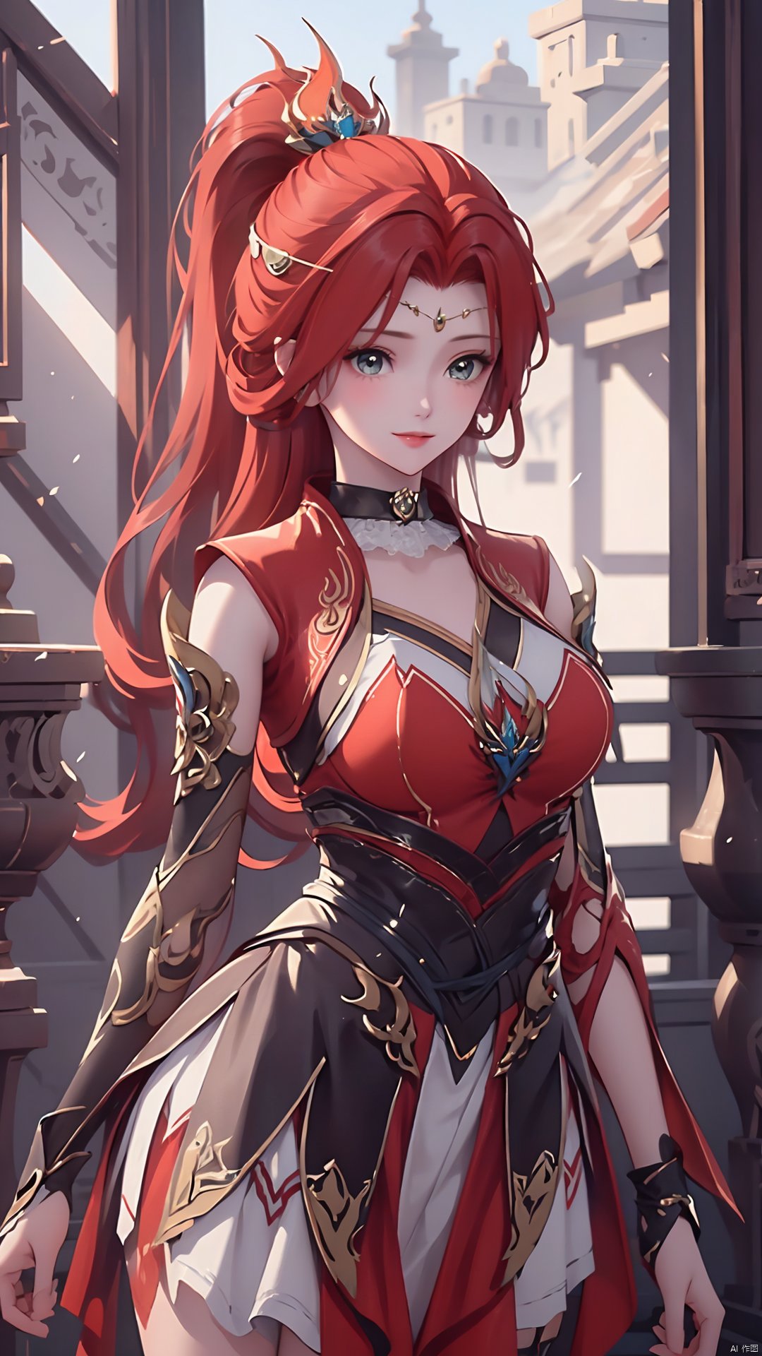 1girl, red dress, red hair, hair ornament, solo, ponytail, mischevious smile, perfect body, scenery, sharp focus, best quality, masterpiece, detailed outfit, illustration, perfect eyes, finely detailed beautiful anime eyes, realistic skin, intricate details, best lighting, depth of field, ultra high resolution,cowboy_shot, dynamic pose, dynamic angle,