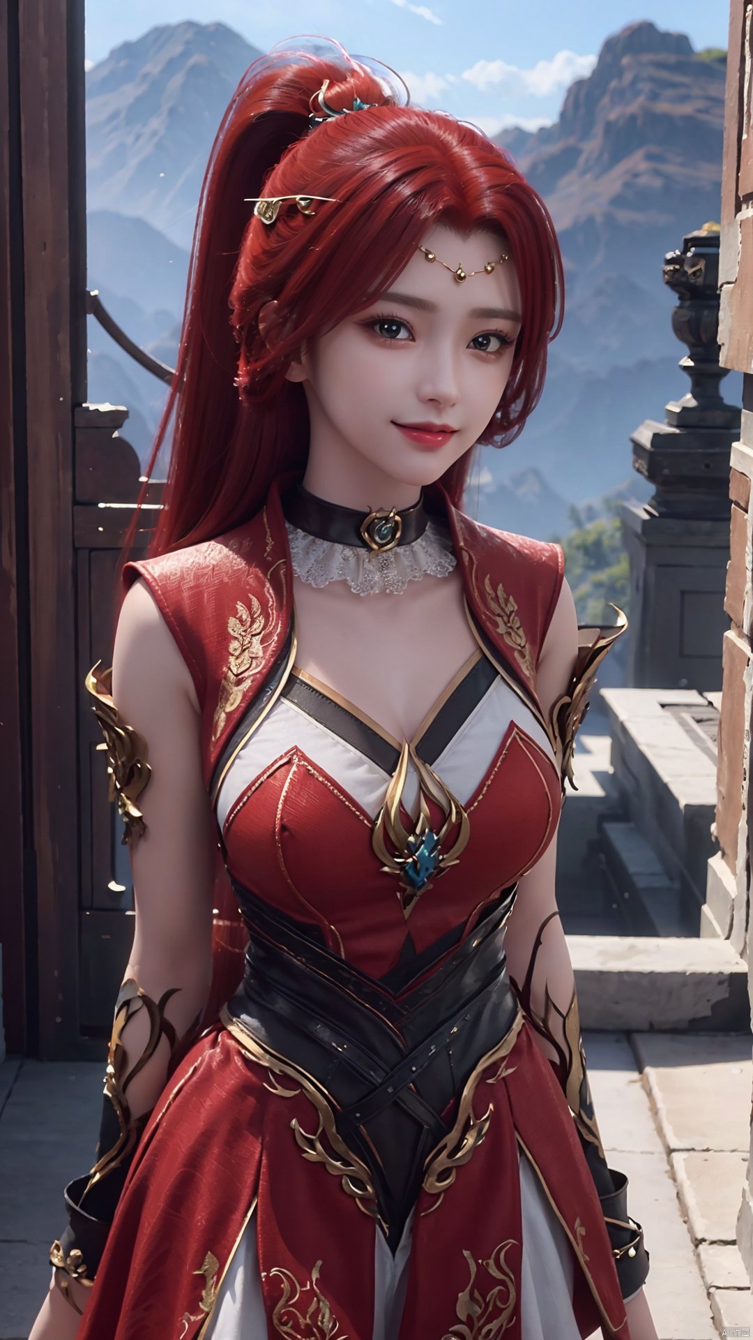 1girl, red dress, red hair, hair ornament, solo, ponytail, mischevious smile, perfect body, scenery, sharp focus, best quality, masterpiece, detailed outfit, illustration, perfect eyes, finely detailed beautiful anime eyes, realistic skin, intricate details, best lighting, depth of field, ultra high resolution,cowboy_shot, dynamic pose, dynamic angle,