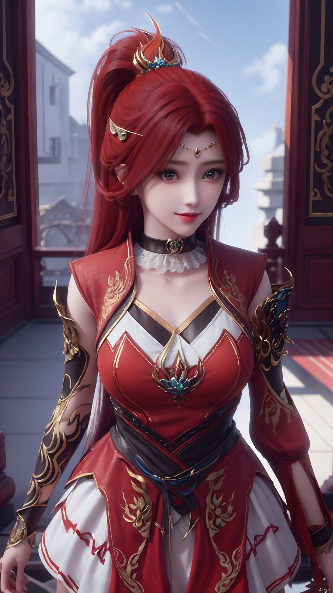 1girl, red dress, red hair, hair ornament, solo, ponytail, mischevious smile, perfect body, scenery, sharp focus, best quality, masterpiece, detailed outfit, illustration, perfect eyes, finely detailed beautiful anime eyes, realistic skin, intricate details, best lighting, depth of field, ultra high resolution,cowboy_shot, dynamic pose, dynamic angle,