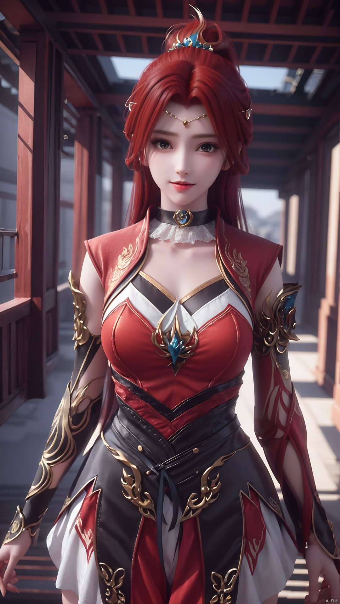 1girl, red dress, red hair, hair ornament, solo, ponytail, mischevious smile, perfect body, scenery, sharp focus, best quality, masterpiece, detailed outfit, illustration, perfect eyes, finely detailed beautiful anime eyes, realistic skin, intricate details, best lighting, depth of field, ultra high resolution,cowboy_shot, dynamic pose, dynamic angle,