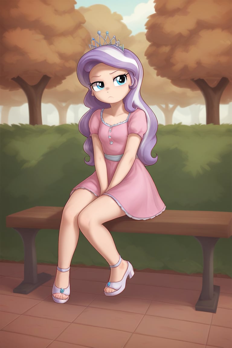 score_9, score_8_up, score_7_up, source_pony, rating_safe, hi res, high quality, pestil, outdoors, park, solo, diamond_tiara_(mlp), humanized, pink dress, stylish clothes, sitting on bench, cute, adorable, pout, frown, looking at viewer