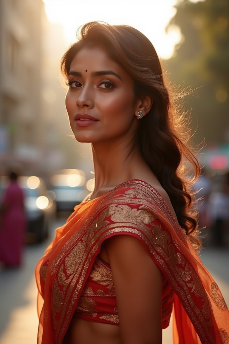 xshriya as a woman in a poised stance on a city street during the golden hour, when the sunlight softens and enriches the colors around her. She wears silk saree, featuring intricate paisley patterns in a palette of burnt red, orange, and touches of gold. Her makeup is classic, with a bold pink lip, and her expression is one of serene confidence. The indian city life blurs in the background. This image captures a moment of elegance amidst the vibrancy of urban life. a mole above her lips