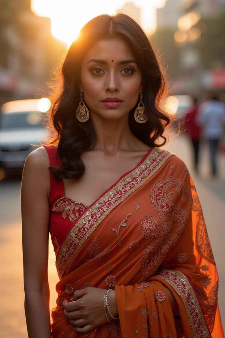 xshriya as a woman in a poised stance on a city street during the golden hour, when the sunlight softens and enriches the colors around her. She wears silk saree, featuring intricate paisley patterns in a palette of burnt red, orange, and touches of gold. Her makeup is classic, with a bold pink lip, and her expression is one of serene confidence. The indian city life blurs in the background. This image captures a moment of elegance amidst the vibrancy of urban life. a mole above her lips