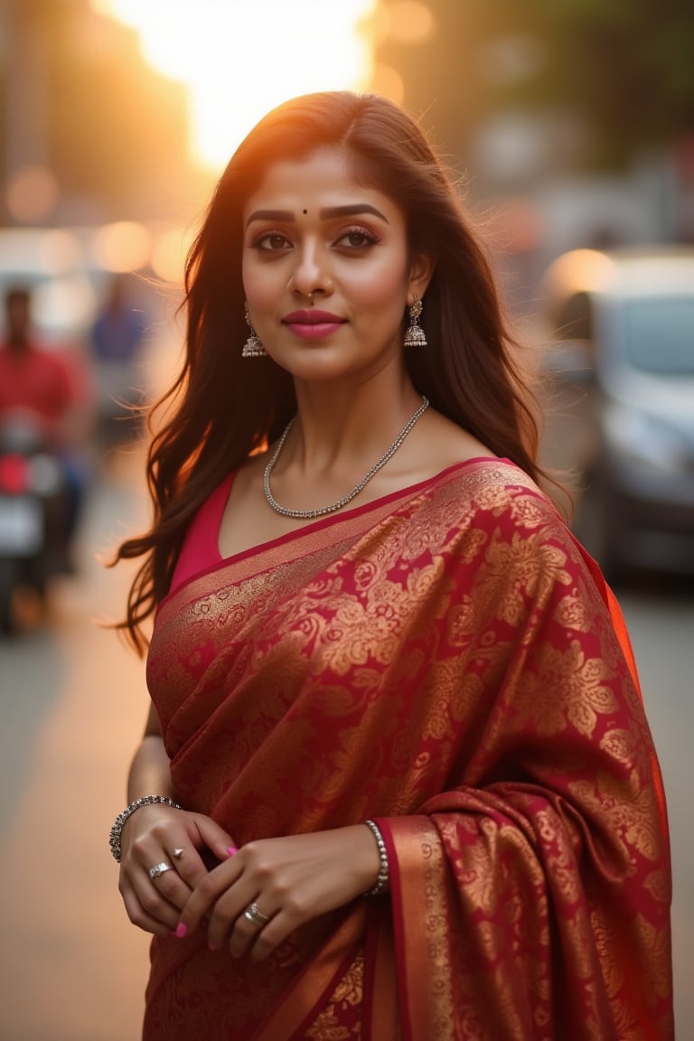 xnayan as a woman in a poised stance on a city street during the golden hour, when the sunlight softens and enriches the colors around her. She wears silk saree, featuring intricate paisley patterns in a palette of burnt red, orange, and touches of gold. Her makeup is classic, with a bold pink lip, and her expression is one of serene confidence. The indian city life blurs in the background. This image captures a moment of elegance amidst the vibrancy of urban life. a mole above her lips,