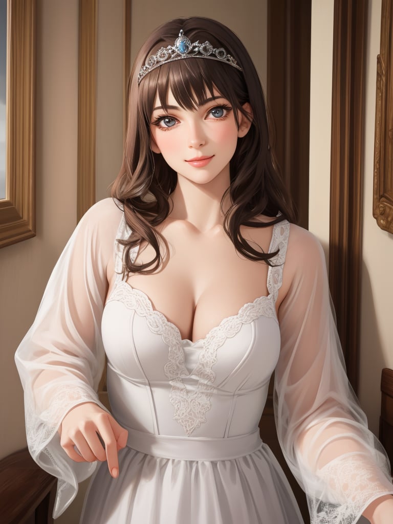 (masterpiece), (best quality), (photo realistic), (extremely detailed), (1girl), solo, (pretty cute girl), looking at viewer, smile, slender, evenly sized eyes, extremely detailed eyes, white dress, tiara, cowboy shot, whole body, medieval classical room, indoors, extremely detailed wallpaper, (completely detailed features), 16k, 