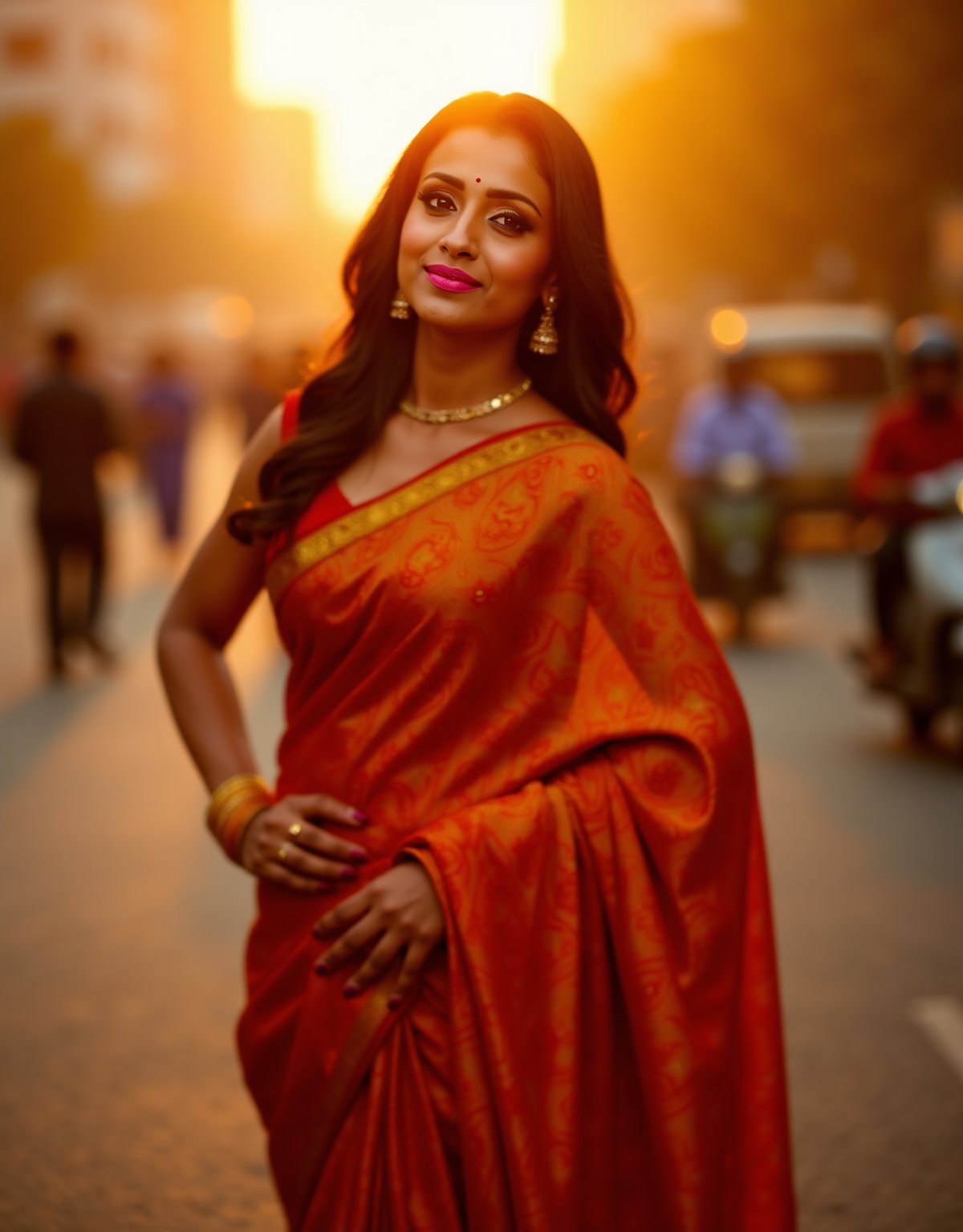 xtrish as a woman in a poised stance on a city street during the golden hour, when the sunlight softens and enriches the colors around her. She wears silk saree, featuring intricate paisley patterns in a palette of burnt red, orange, and touches of gold. Her makeup is classic, with a bold pink lip, and her expression is one of serene confidence. The indian city life blurs in the background. This image captures a moment of elegance amidst the vibrancy of urban life. a mole above her lips,