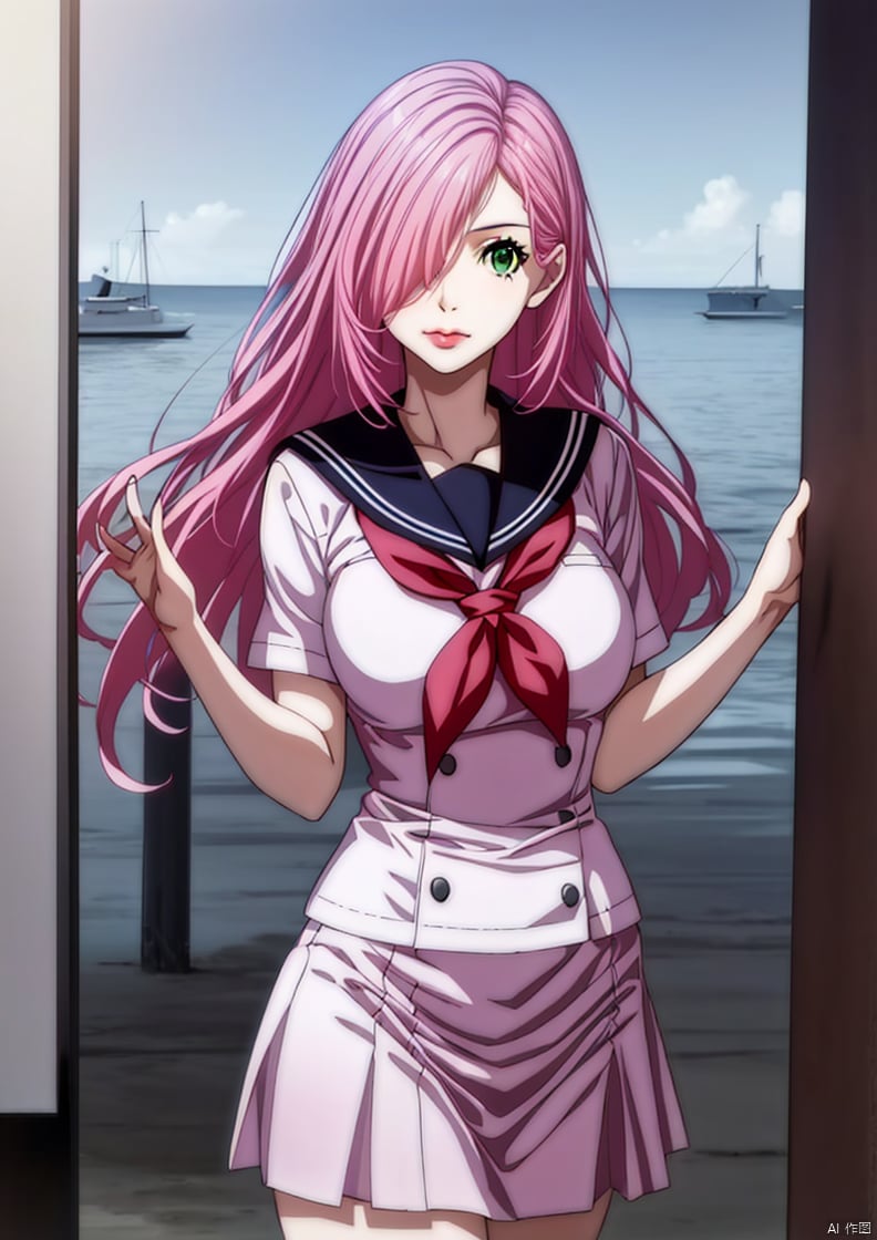 1girl, solo, long hair, looking at viewer, closed mouth, green eyes, pink hair, hair over one eye, lips, 
Sailor uniform, Japanese sailor uniform