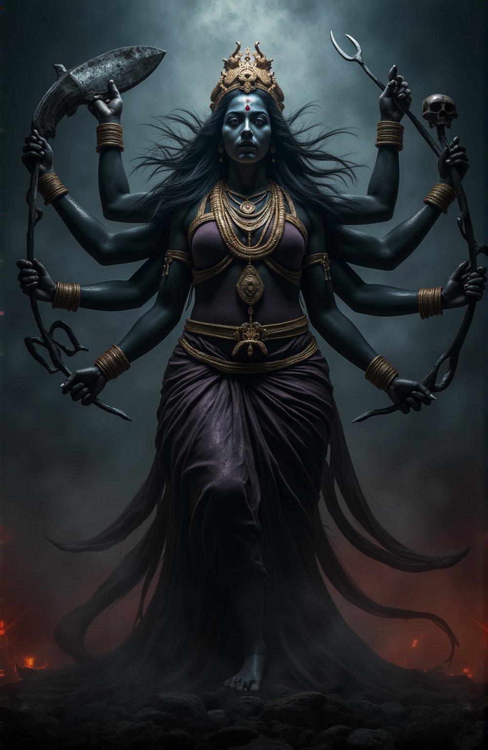 A powerful and terrifyingly beautiful depiction of the Hindu goddess Kali Maa, portrayed with a perfect hourglass figure and a dark, foreboding atmosphere. She has black or blue skin, with her third eye prominently displayed on her forehead, radiating fierce energy. Her 10 hands are spread out, each holding a different mythological weapon or symbolic item, such as a skull and traditional Hindu weapons.

Kali Maa is adorned with gold and traditional ornaments, including necklaces, bangles, and anklets that gleam against her dark skin. Her attire is a traditional cracked saree, worn in a way that reveals her powerful and curvaceous form. Her hair is wild and dirty, flowing around her like a storm, adding to her fearsome presence.

The scene is set on a dark, horror-themed night, with a cinematic atmosphere and dramatic color grading that emphasizes the intensity and otherworldly power of the goddess. The lighting casts deep shadows and highlights her divine yet terrifying beauty. The background is ominous, filled with swirling mists and dark clouds, enhancing the sense of dread and reverence. The overall image is detailed, with intricate textures and rich colors, creating a visually stunning and awe-inspiring portrayal of Kali Maa, the goddess of time, death, and destruction.
