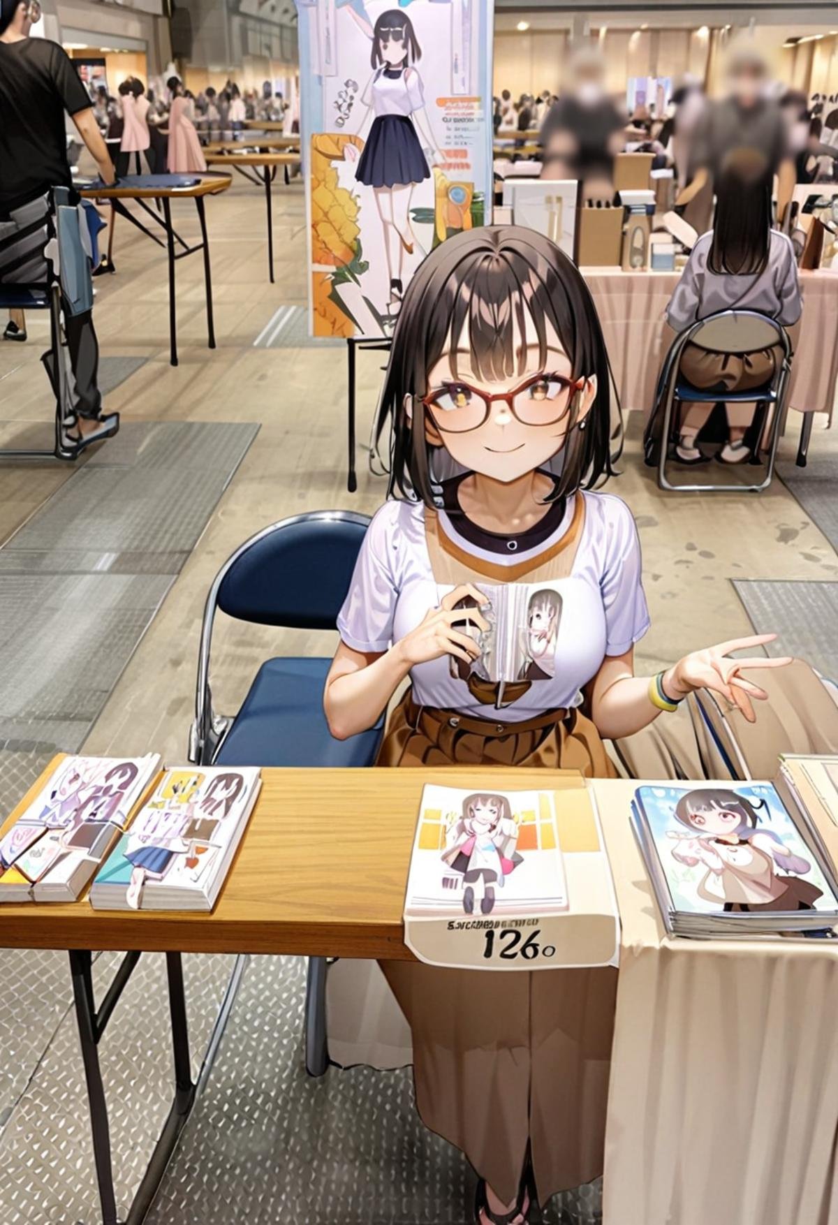 masterpiece, best quality, very aesthetic, absurdres,1girl, solo, glasses, black hair, medium hair, looking at viewer, smile, short sleeves, shirts, skirt, sitting,ccs, table, chair, book, poster (object), photo background, multiple boys, multiple girls, crowd, <lora:comiket_circle_space_SDXL_V1:1>